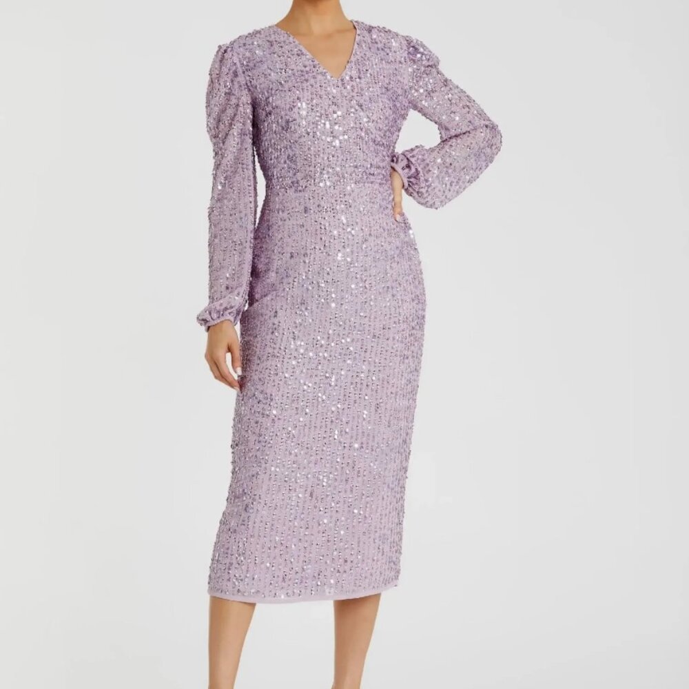 Lavender Sequined Illusion Puff Sleeve V Neck Midi Dress
